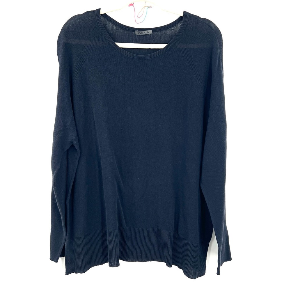 OSKA‎ cotton round neck navy blue sweater lightweight scandi-chic lagenlook 2 8